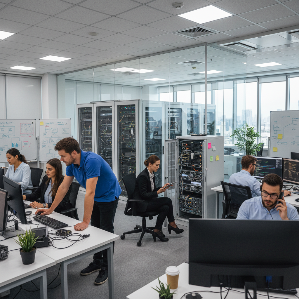 IT support engineers assisting colleagues, troubleshooting systems, server racks in background, professional and busy workplace scene.
