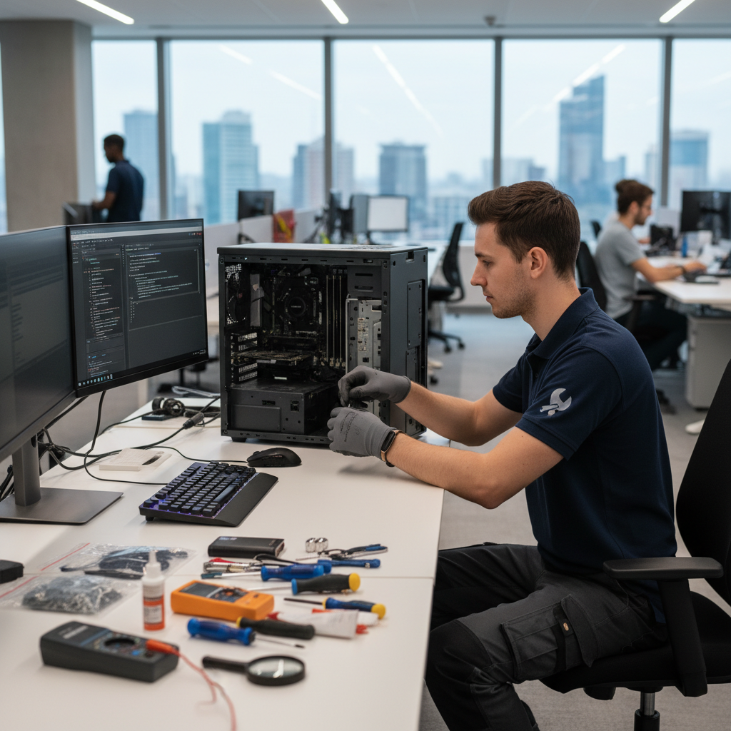 IT support technician fixing a desktop PC at a workstation, tools on table, modern office background, realistic.