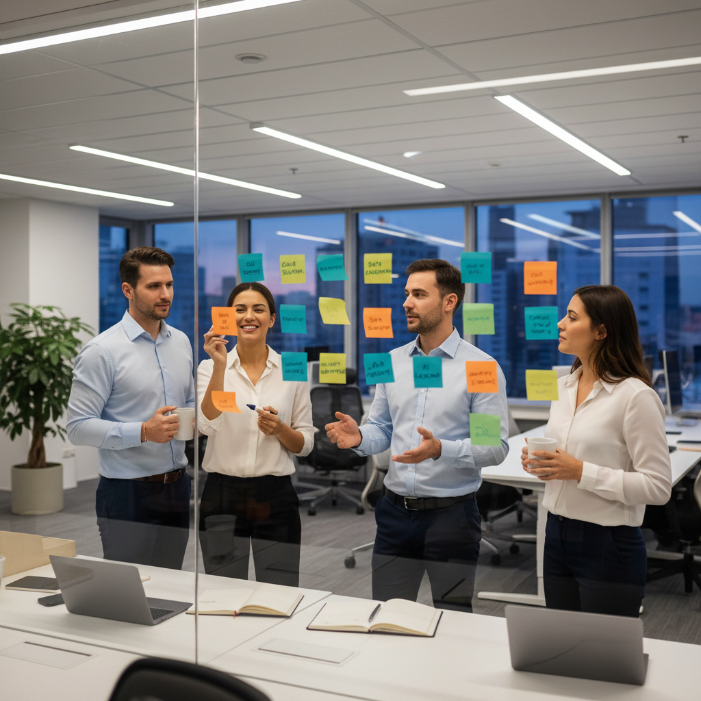 IT team brainstorming ideas with sticky notes on glass wall, creative collaboration, modern office interior, energetic and innovative mood, realistic corporate photography