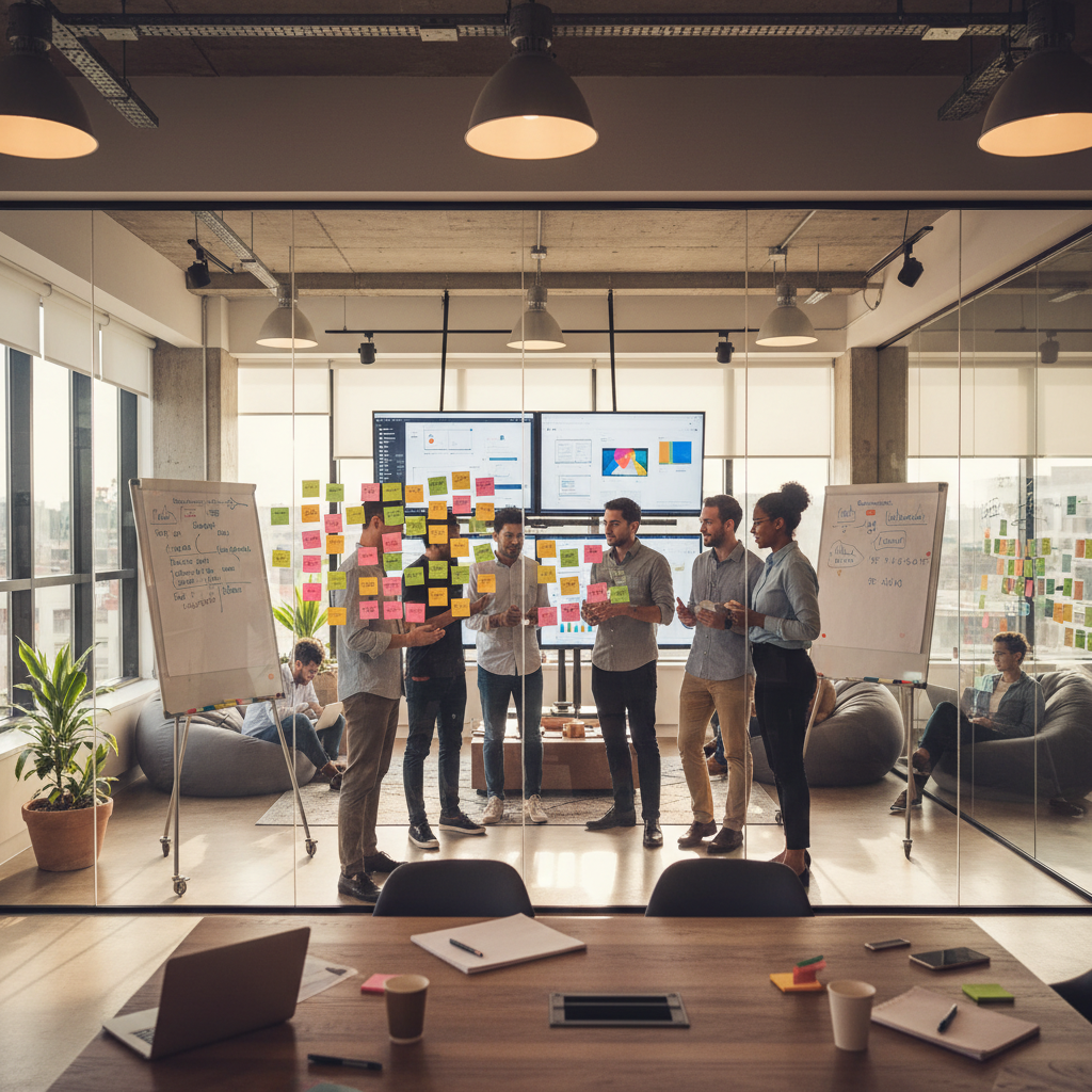 IT team brainstorming with sticky notes, glass boards, UI/UX designs displayed on digital screens, creative corporate atmosphere