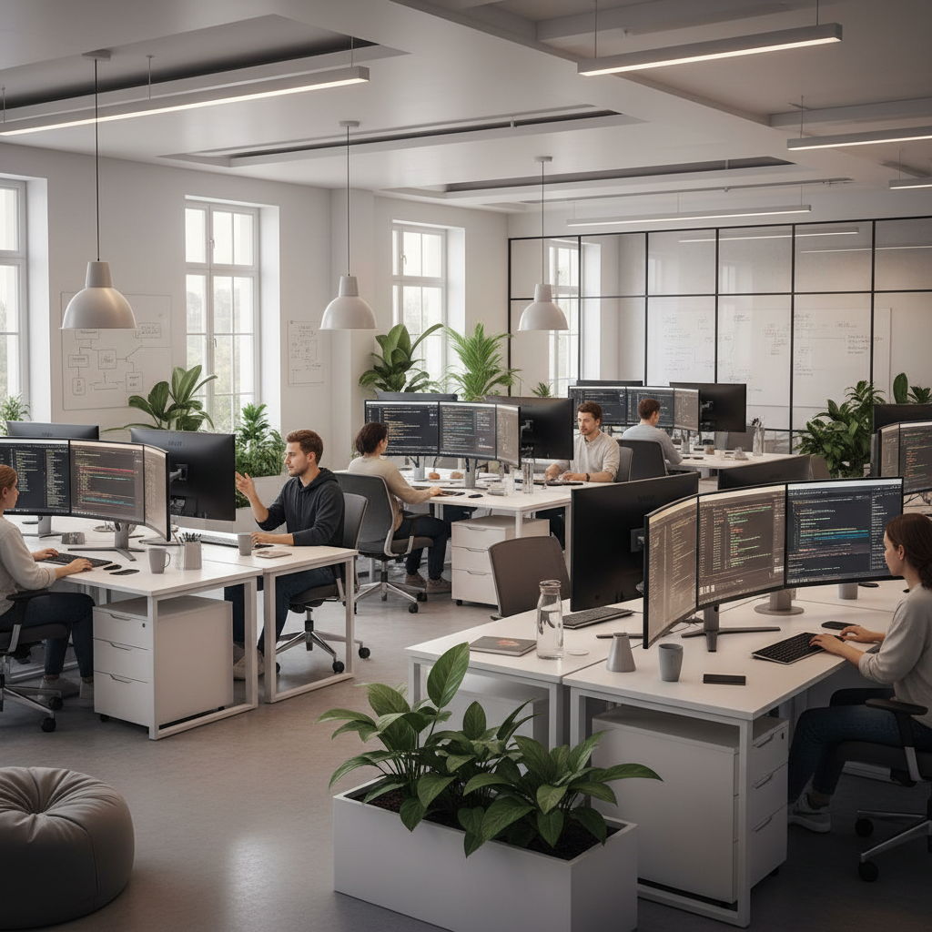 Corporate IT office environment with team discussing project around a conference table, laptops open, glass walls, daylight coming in, professional atmosphere.