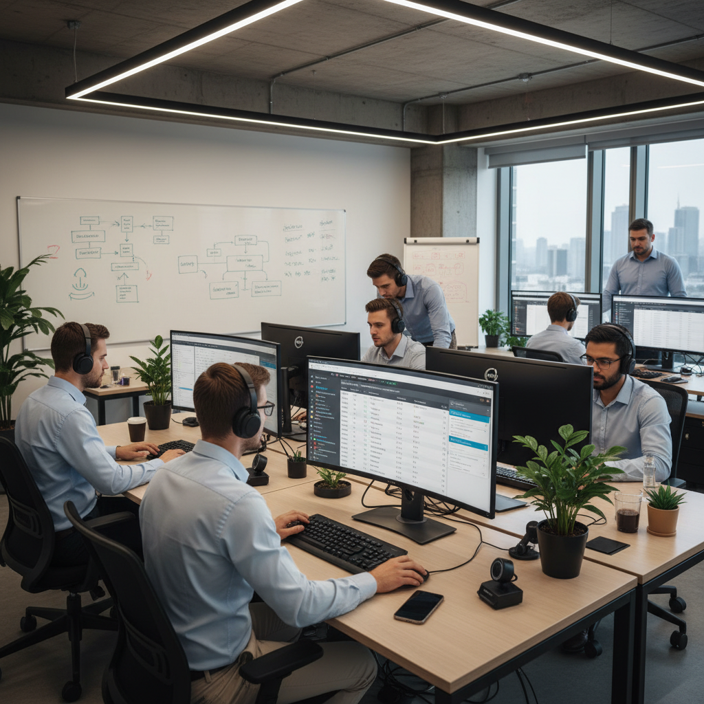 QA engineers testing software in an IT office, bug tracking tools on screens, focused work environment, modern tech workspace, realistic and professional look