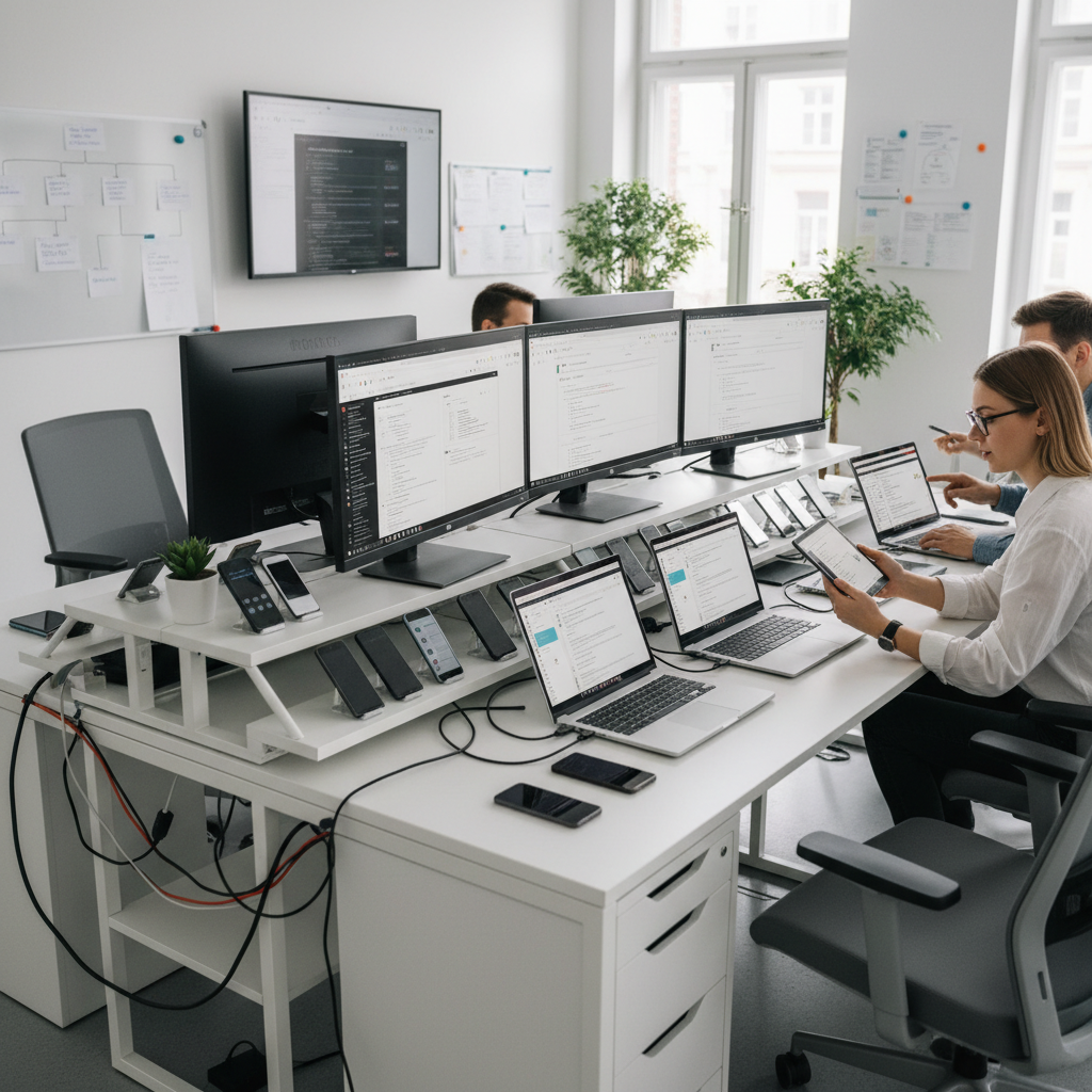 QA testers checking mobile and web applications on multiple devices, organized testing station in IT office, bright modern setup