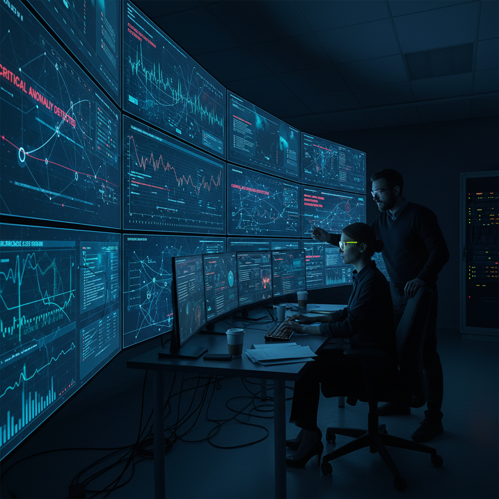 Security analysts monitoring threat dashboards, dark room, large screens with graphs and alerts