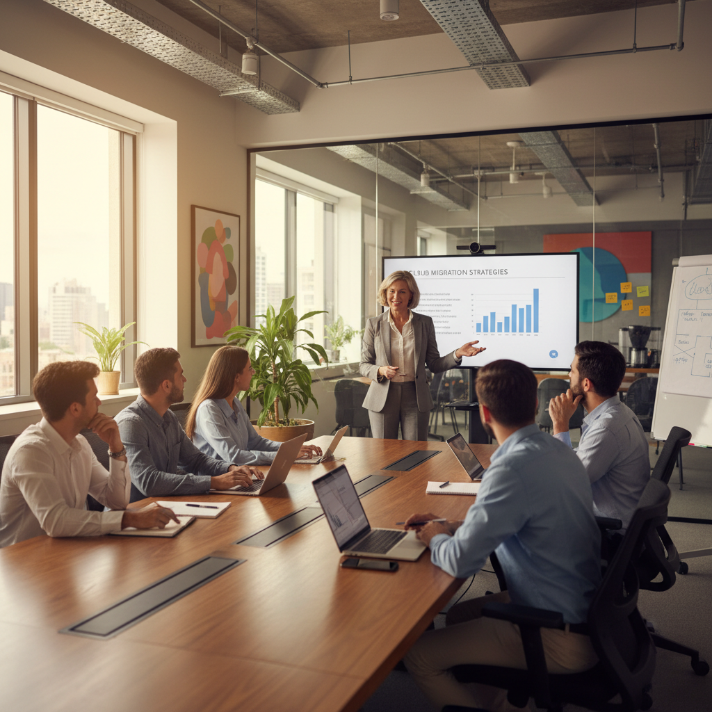 Senior IT professional training junior team members in an office, presentation on large screen, learning-focused environment, modern corporate workspace, realistic style