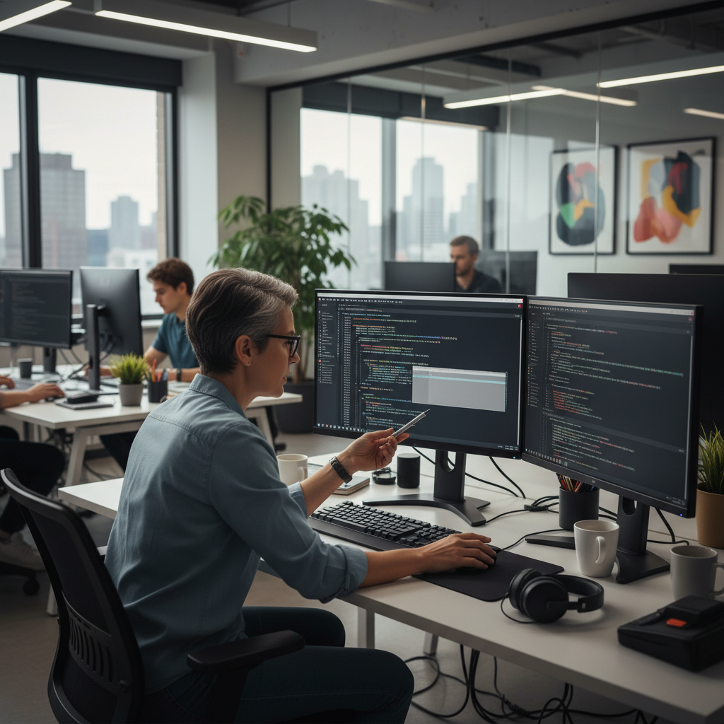 Senior developer doing a code review with junior engineer, dual monitors showing code, professional tech office environment.