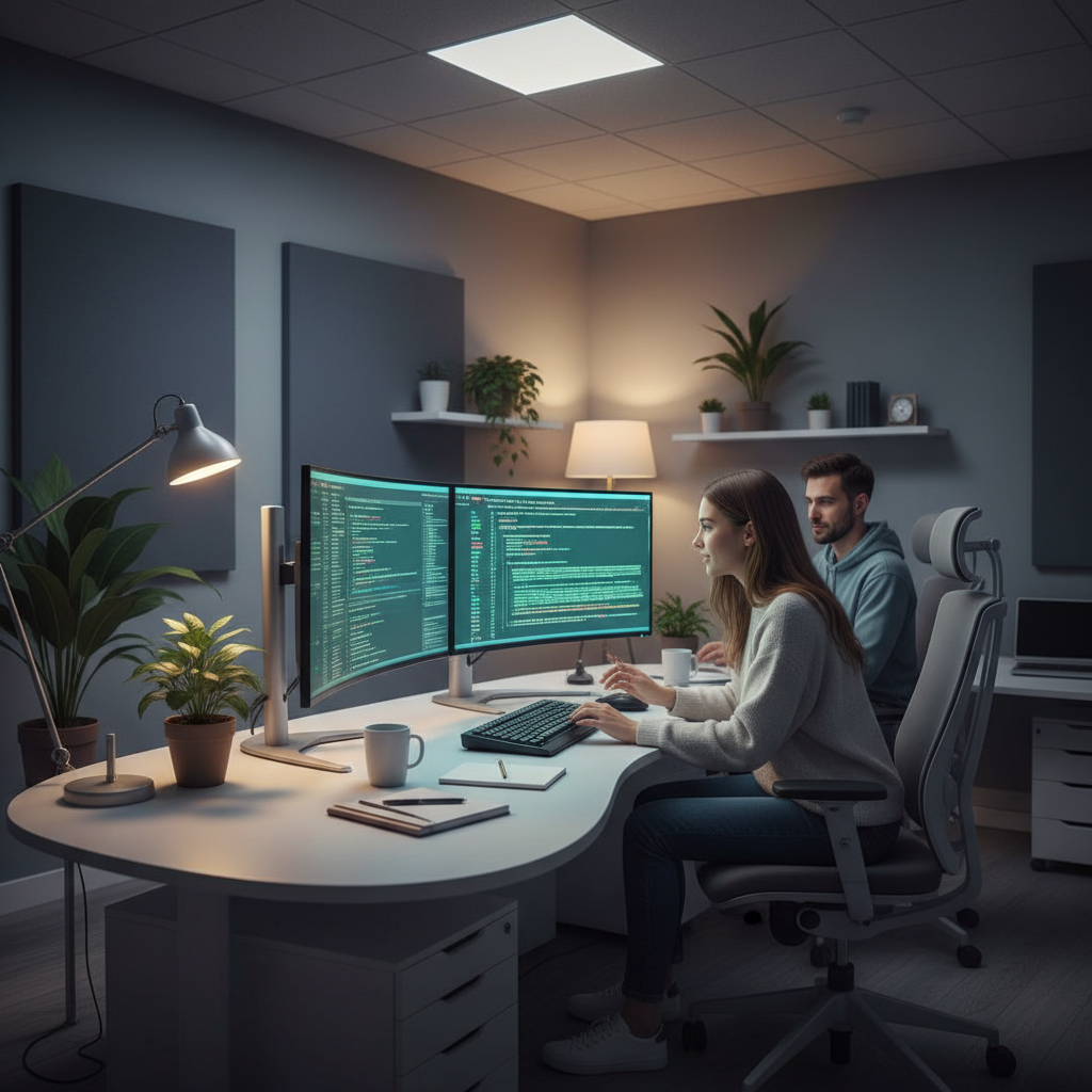 Software development team pair-programming, glowing code on screens, modern workstation, calm and focused environment.