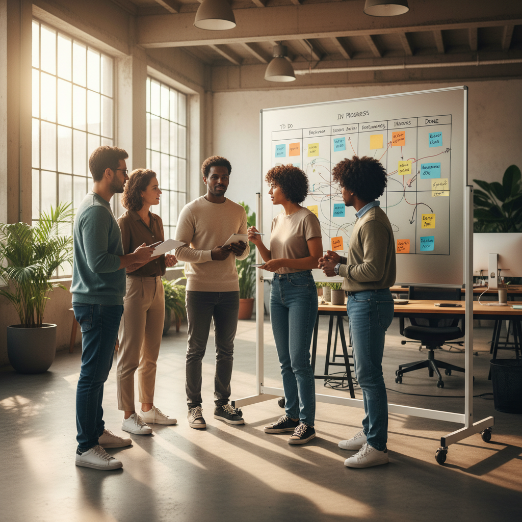 Team of IT professionals holding a stand-up meeting around a Kanban board, agile workflow, open workspace, natural sunlight.