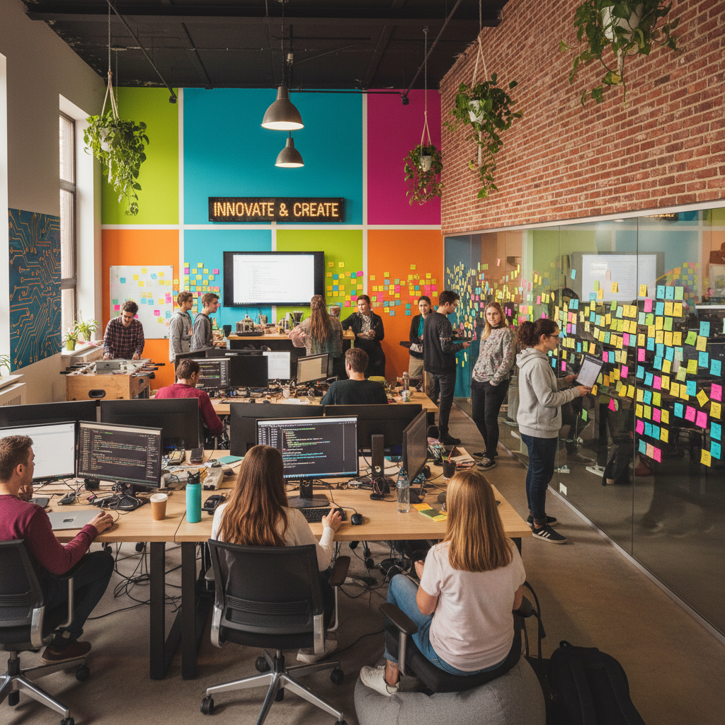 Young professionals coding in a colorful startup office, sticky notes, creative tech culture environment.