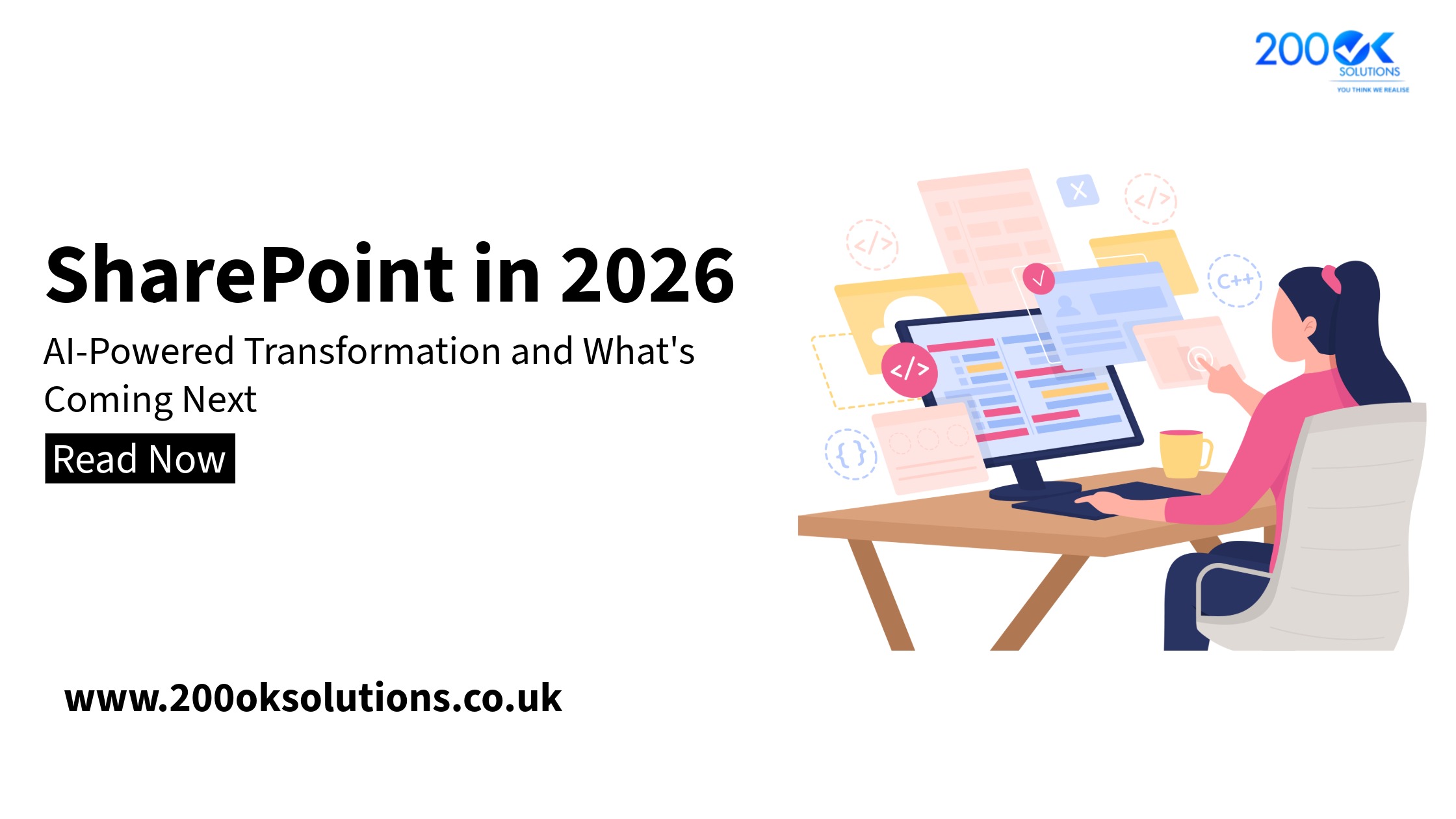 SharePoint in 2026: AI-Powered Transformation featuring Microsoft 365 Copilot, Knowledge Agent for content enrichment and governance, intelligent site agents, and modern dark mode interface. Futuristic banner with AI elements, metadata tagging, and collaborative workspace visuals.