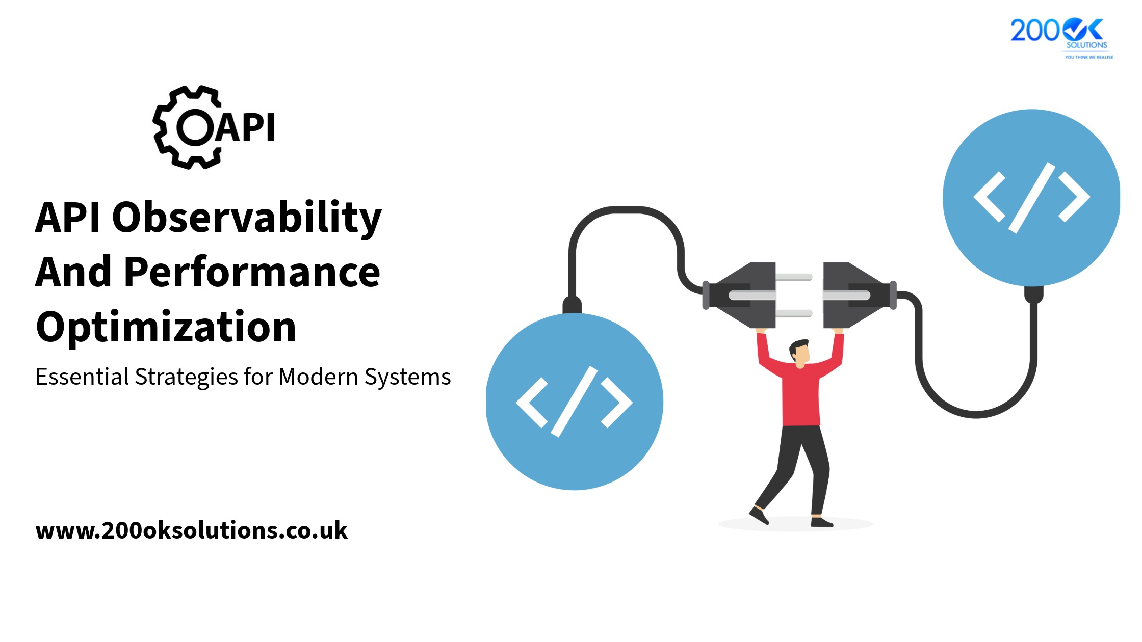 API observability and performance optimization illustration showing connected code icons, monitoring workflow, and 200OK Solutions branding