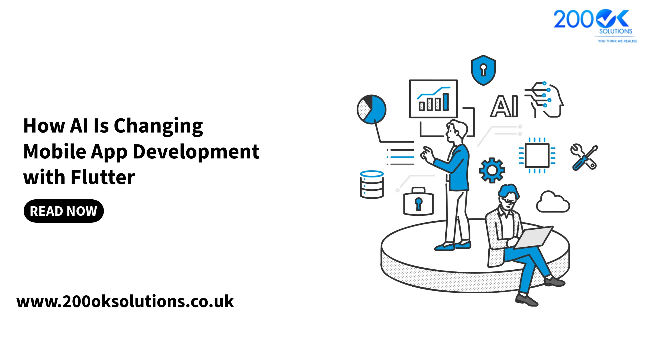 AI and Flutter mobile app development illustration showing developers working with analytics, security, cloud computing, and machine learning tools