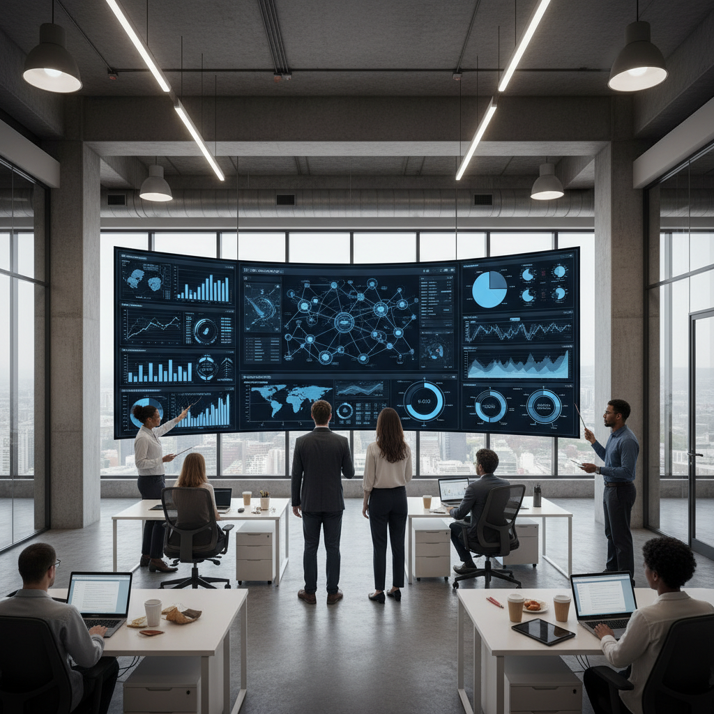 AI and data analytics team analyzing real-time graphs and charts on large wall displays in a tech office.