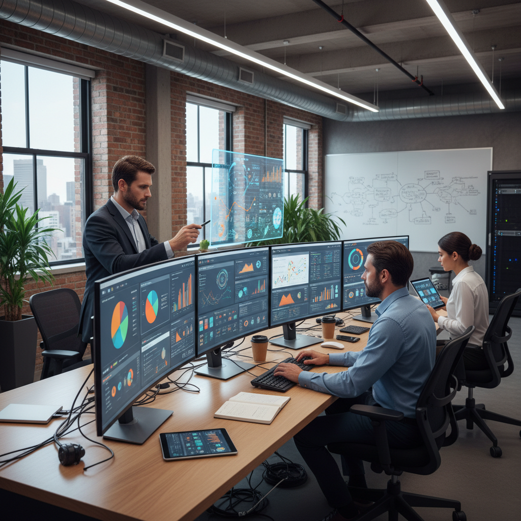 Data analysts reviewing dashboards, charts and graphs on large monitors, focused expressions, modern analytics workspace.