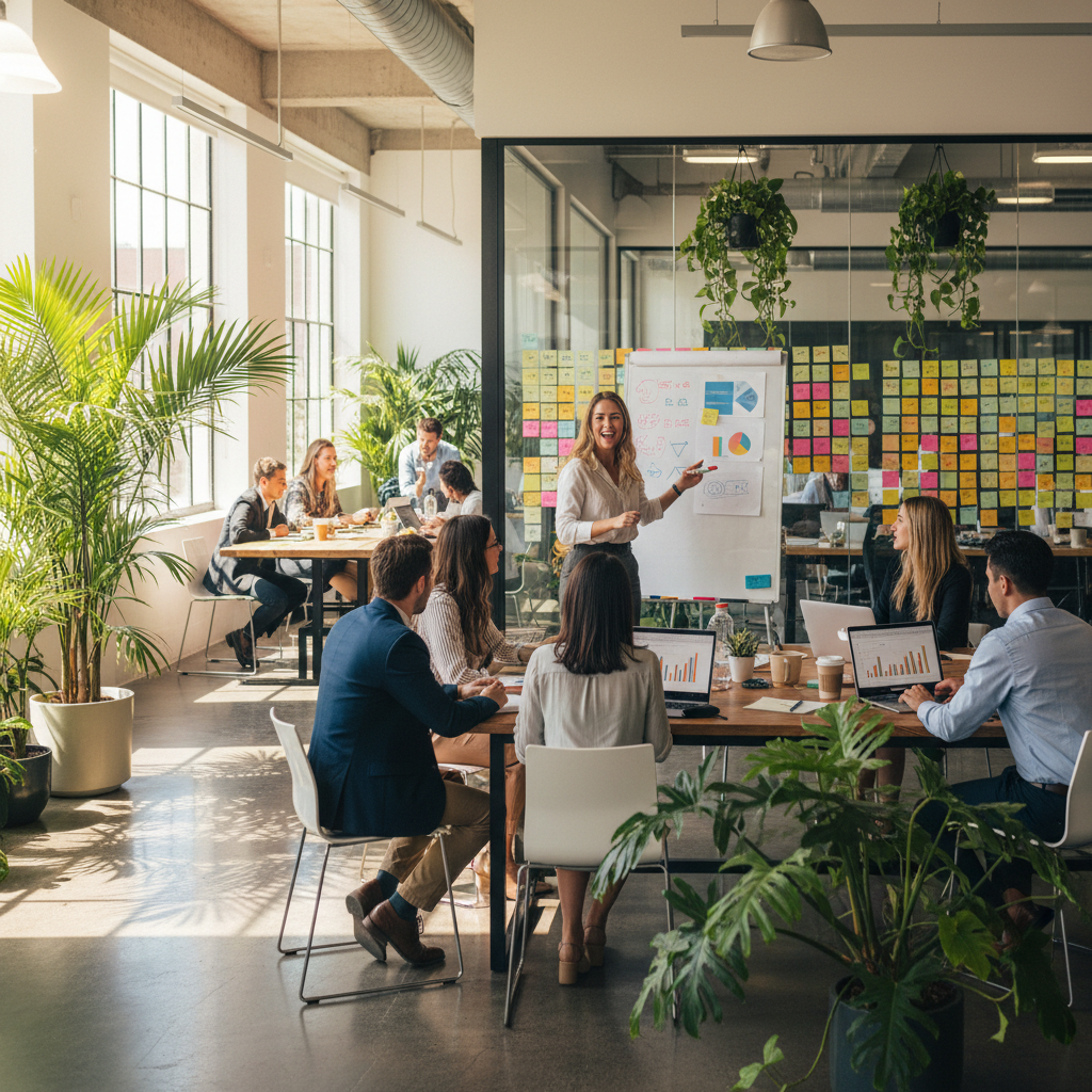 A lively open-plan office at 3 PM, young professionals collaborating, one person standing at a whiteboard explaining something with enthusiasm, others sitting at desks with laptops, natural daylight coming through large windows, plants everywhere, colorful sticky notes on glass walls, coffee cups, laptops showing charts, relaxed business-casual clothing, photorealistic, bright and energetic atmosphere