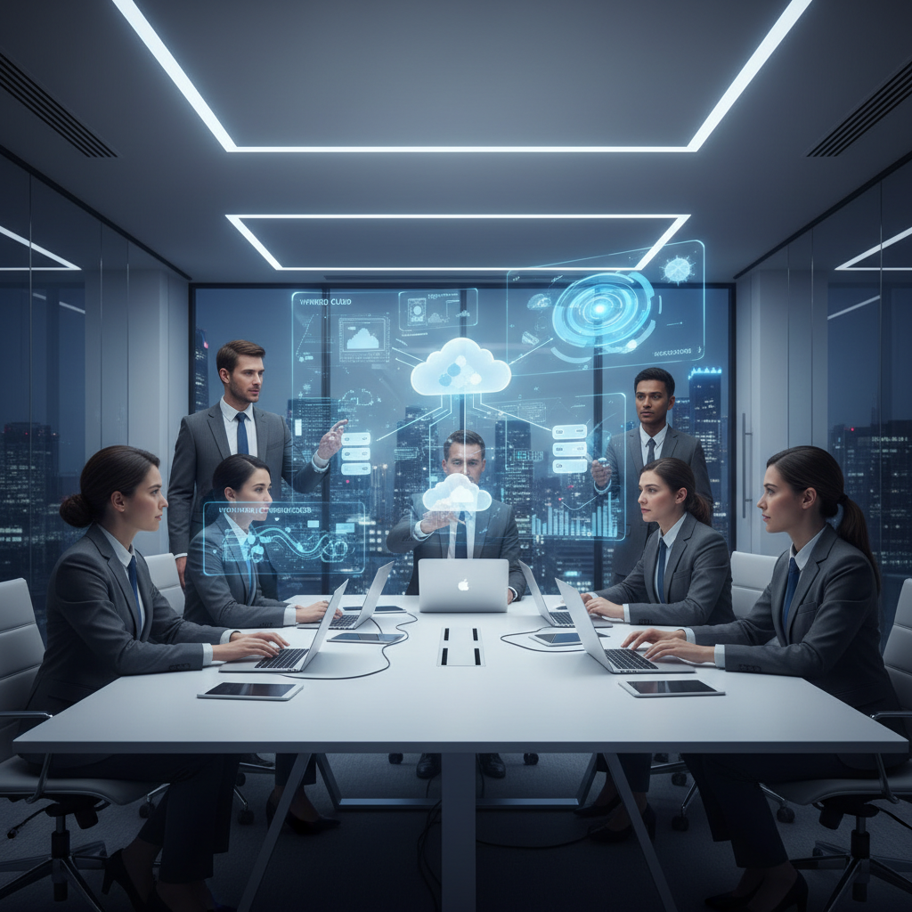 A modern IT team visualizing cloud migration, holographic cloud architecture diagrams floating above laptops, enterprise office environment, blue and white color palette, futuristic yet professional style