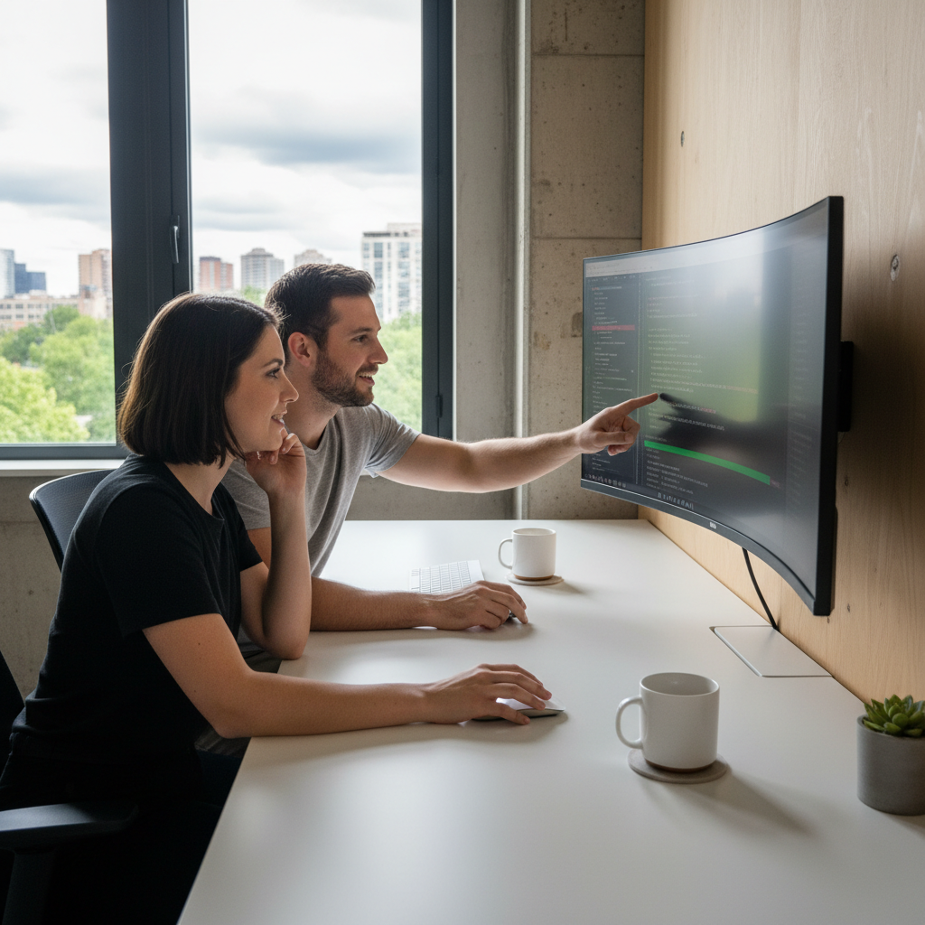 Clean IT workspace scene, two developers sitting side-by-side reviewing pull request on shared screen, one scrolling through GitHub diff, coffee nearby, modern but minimal desk, window background, collaborative vibe, realistic candid shot