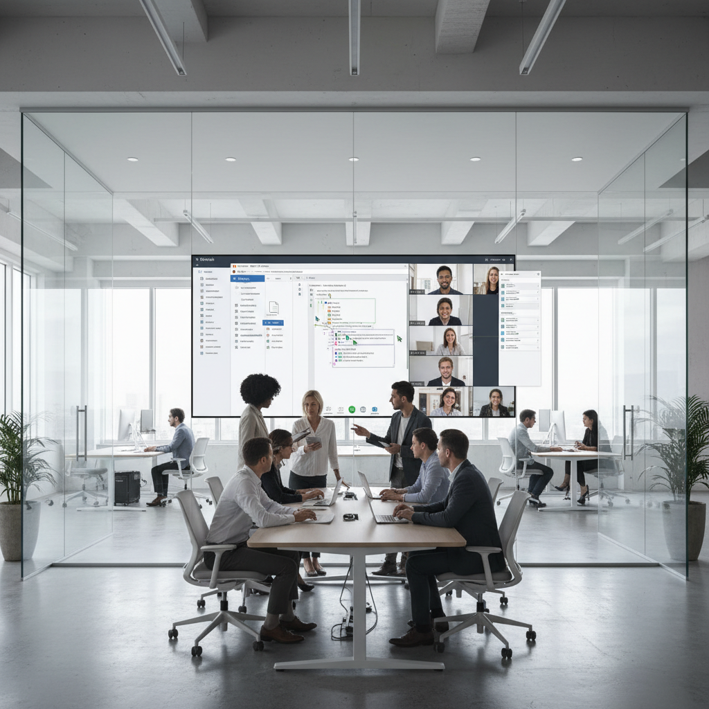 Employees collaborating using SharePoint Online and Microsoft Teams, real-time document editing on large screens, modern hybrid workplace, minimal corporate design
