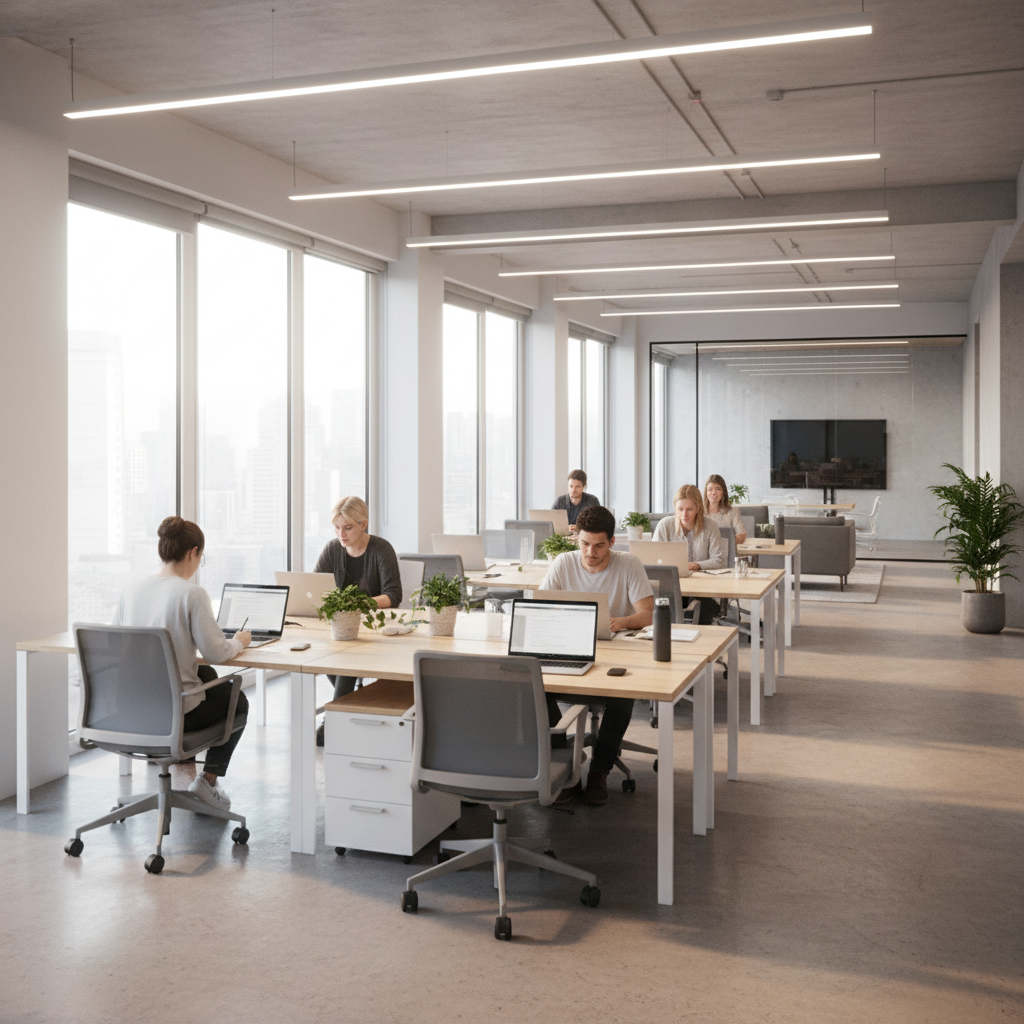 Employees working at desks in a modern office, laptops and notebooks, natural light, clean and minimal workspace