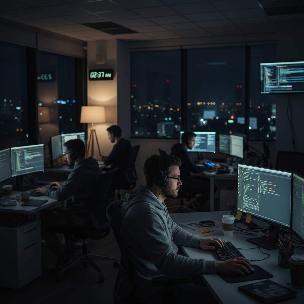 IT office late-night work scene, dim lights, glowing monitors, focused productivity