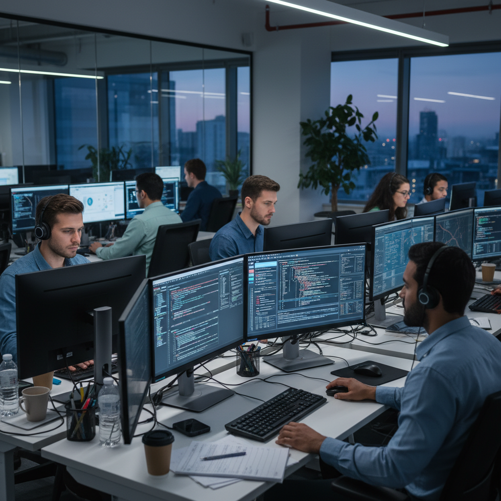 Software development team meeting, engineers discussing code on a digital whiteboard, agile sprint planning, modern tech office interior