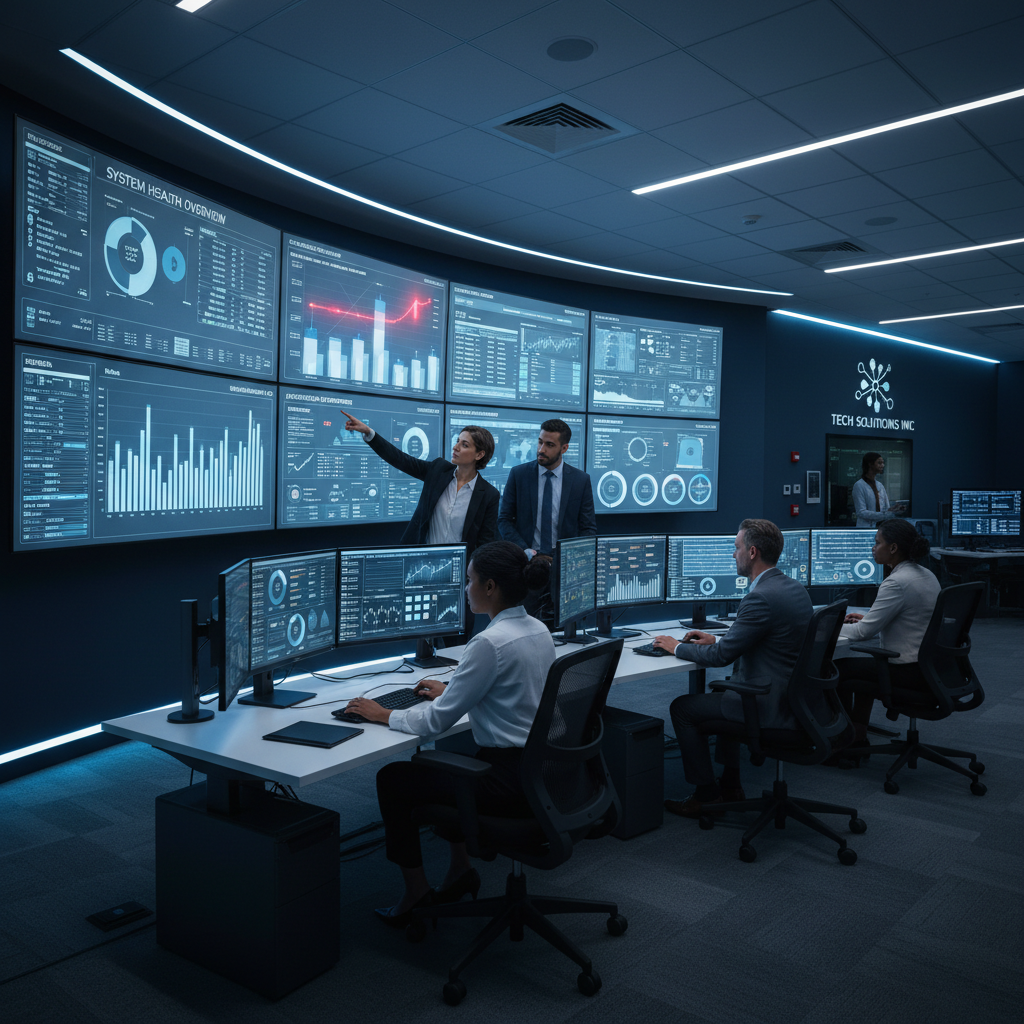 IT support team monitoring system health dashboards, proactive issue detection, modern NOC environment, professional corporate setting