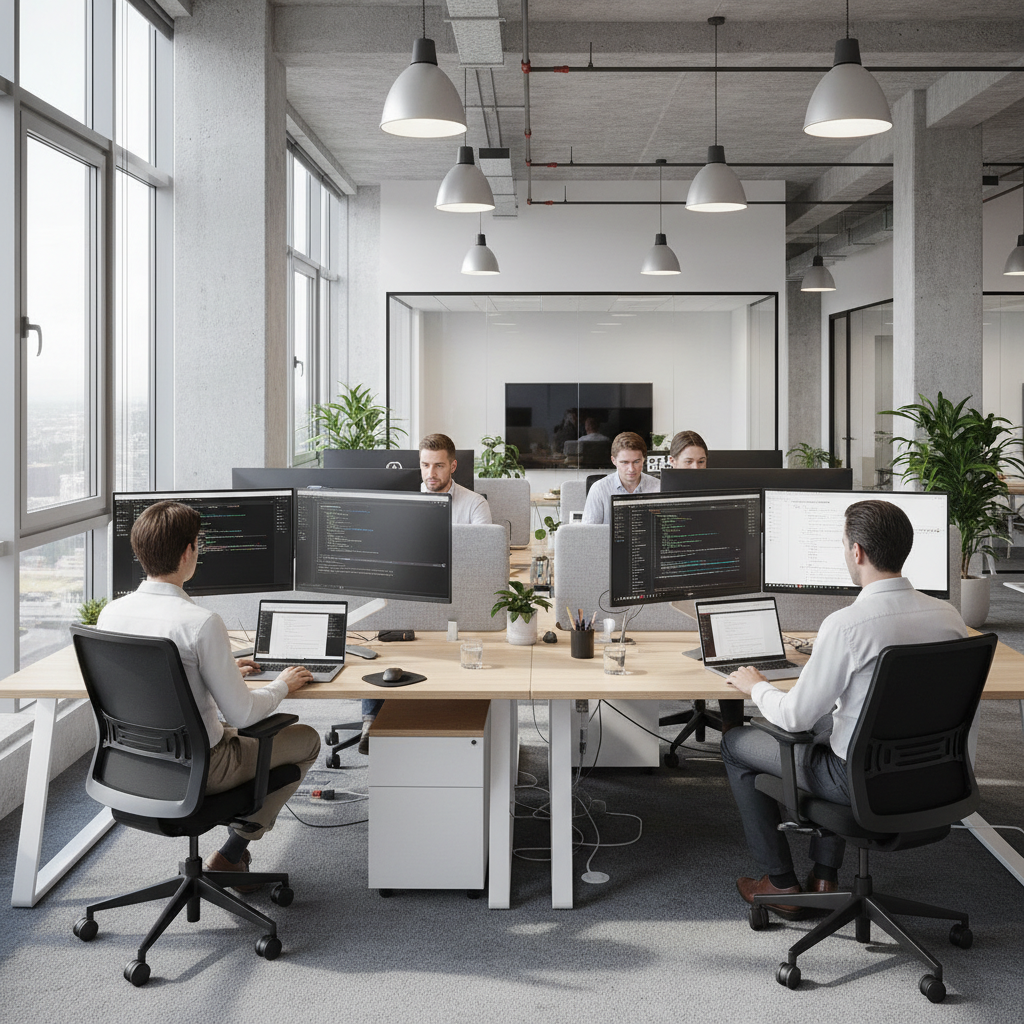 Modern IT office with employees working on laptops, dual monitors, clean desks, professional corporate environment, natural lighting