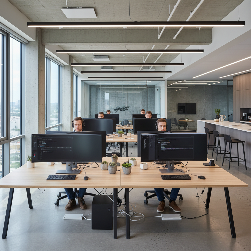 Modern IT office workspace with software developers working on dual monitors, clean desks, natural light, professional corporate environment.