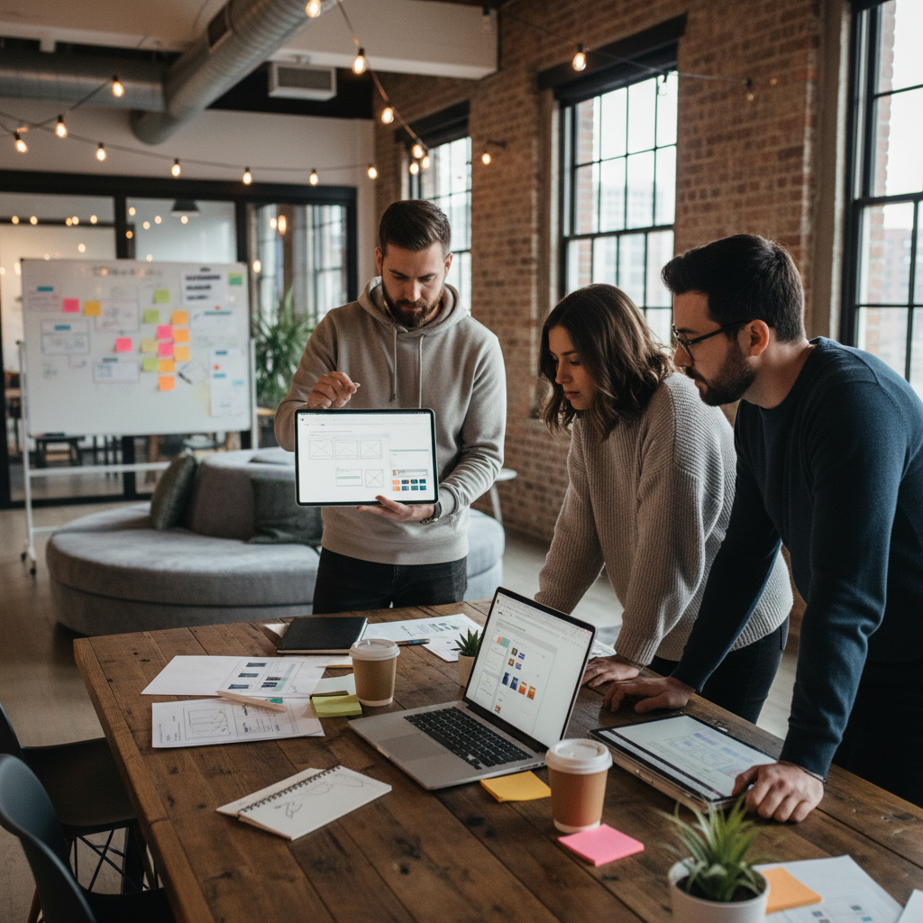 Product design collaboration, UX/UI designers reviewing wireframes on tablets and laptops, creative tech office vibe