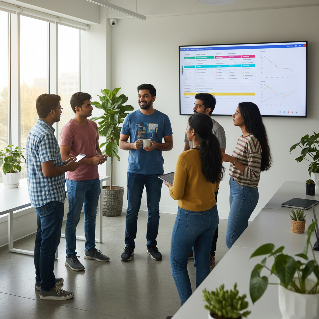 Simple agile daily stand-up in IT office, 5-6 young Indian developers standing in loose circle, one person speaking holding coffee cup, others listening attentively, big screen in background showing task board or burndown chart, natural morning daylight from windows, casual t-shirts and jeans, clean modern office with plants, photorealistic, candid style