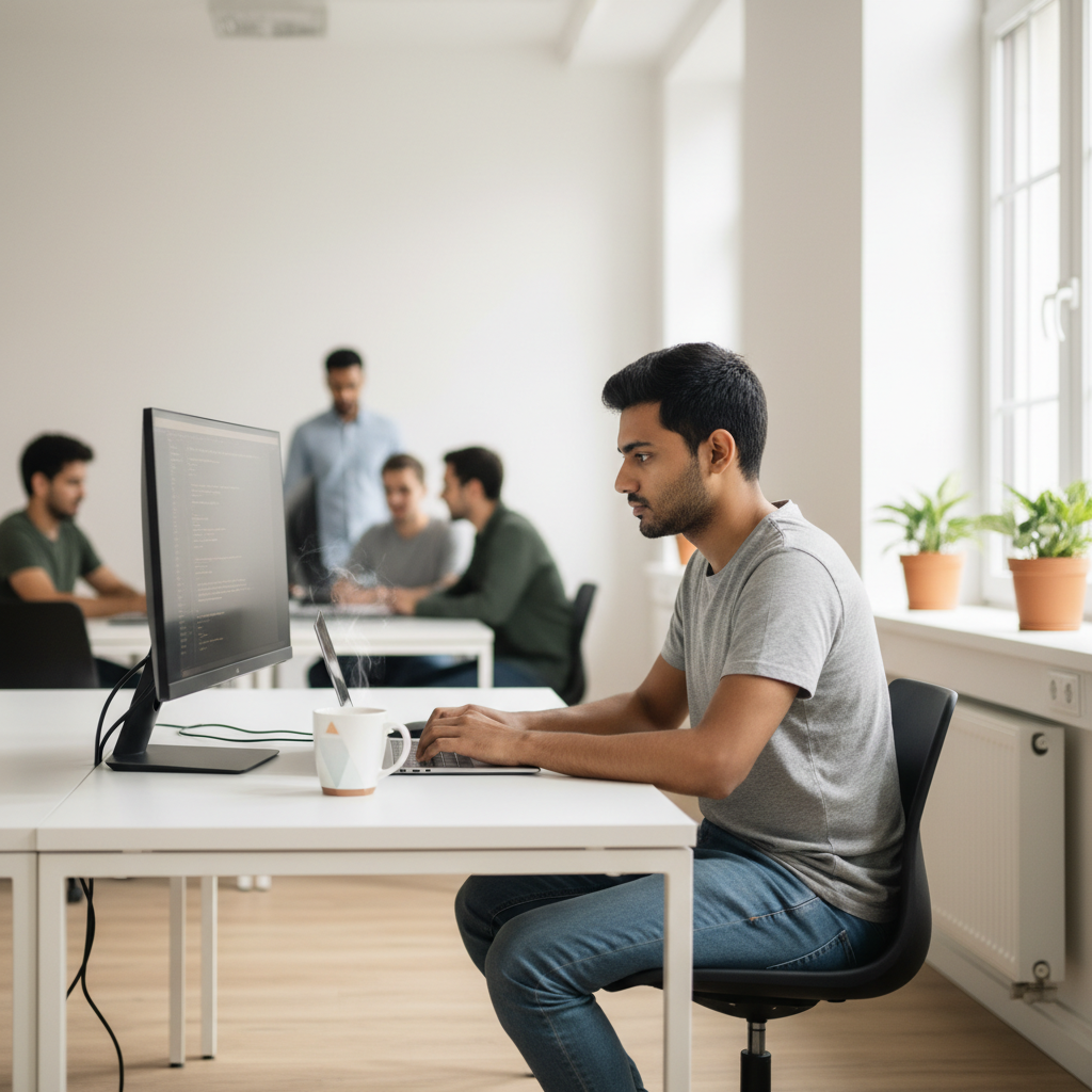 Simple modern IT office, young Indian software developer sitting at desk coding on laptop, single monitor setup, clean white desk, coffee mug, window with natural daylight, minimal background with a few plants and colleagues blurred in distance, casual t-shirt, realistic photo style, bright and calm atmosphere