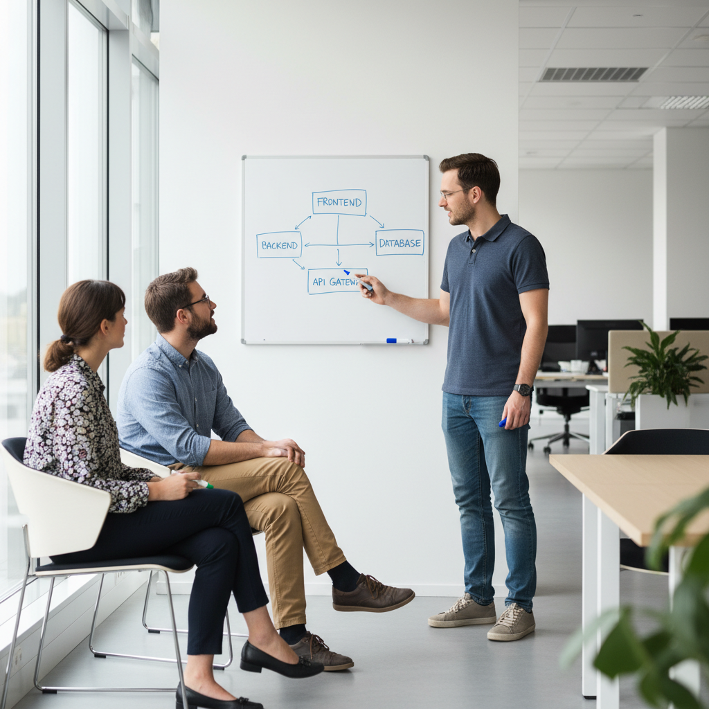 Simple office activity, one developer explaining architecture on small whiteboard to two colleagues, markers in hand, basic diagram with boxes and arrows, modern but plain meeting area, daylight lighting, casual Friday attire, photorealistic