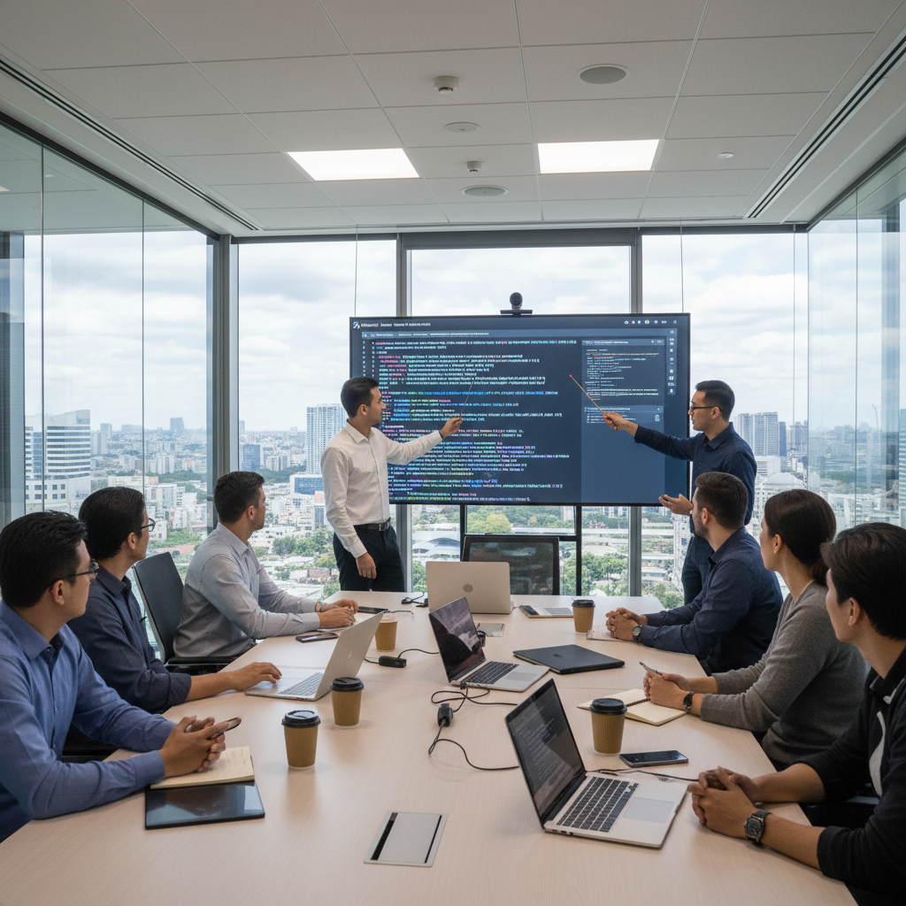 Software development team meeting, people discussing code on a large screen, glass wall conference room, laptops open, professional tech environment
