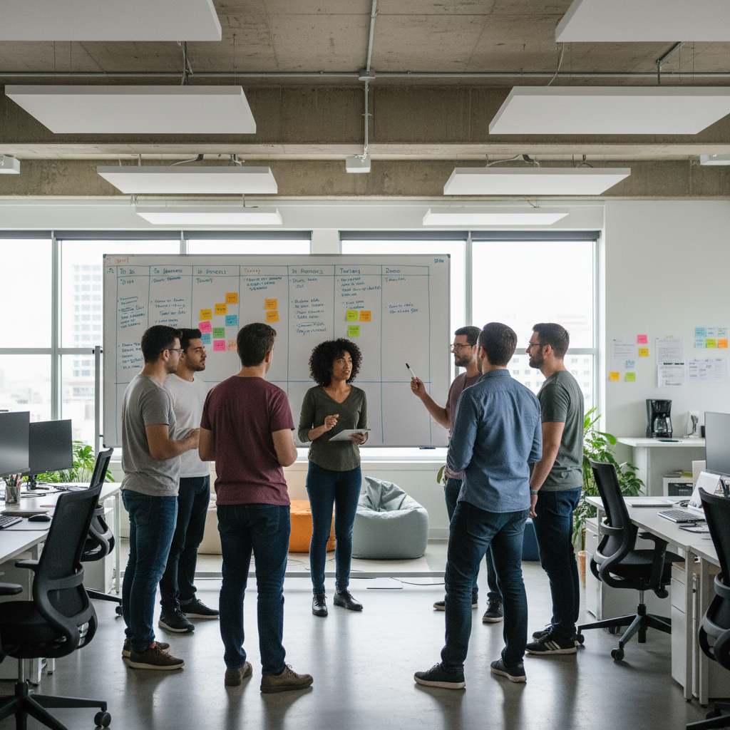 Software development team stand-up meeting, agile board visible, modern office interior.