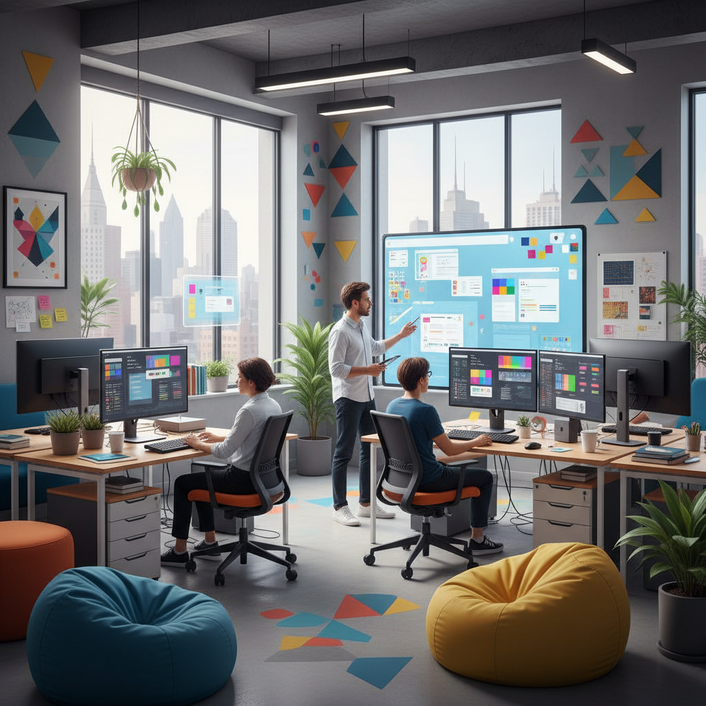 UI/UX designers working on wireframes and prototypes, colorful screens, creative IT office setup