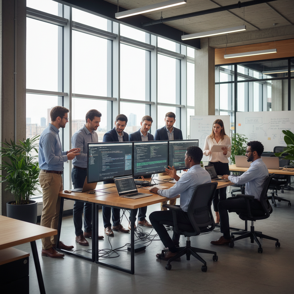 Modern IT workspace with diverse software developers collaborating around large screens, clean desks, laptops open, natural lighting, professional corporate environment