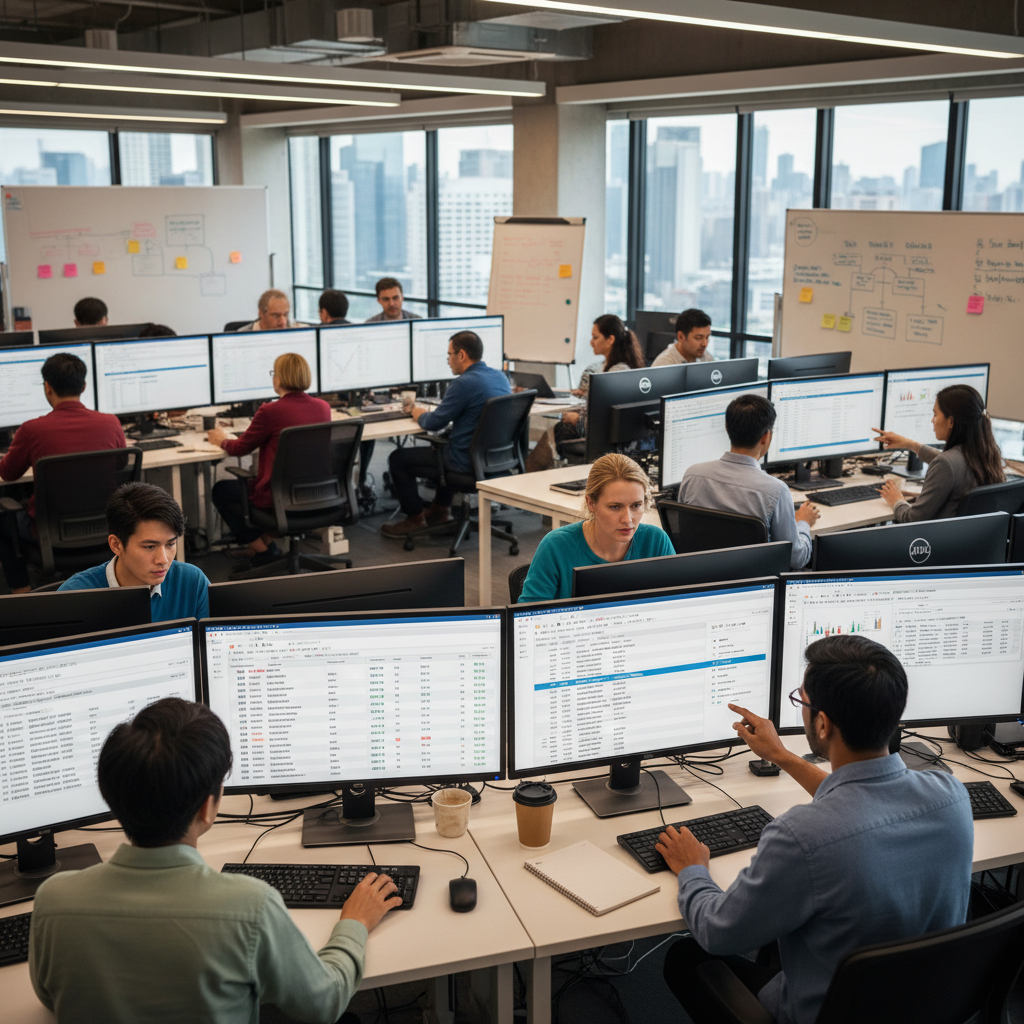 QA testers performing software testing, bug tracking tools visible on screens