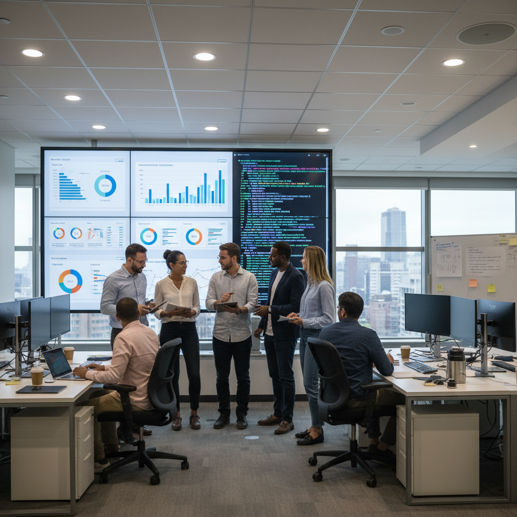 Team collaboration in IT office, employees discussing project strategy around a large screen showing dashboards and code snippets.